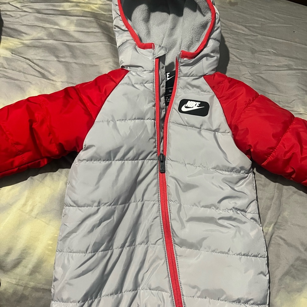 Nike Kids Hooded Puffer Jacket - Gray and Red